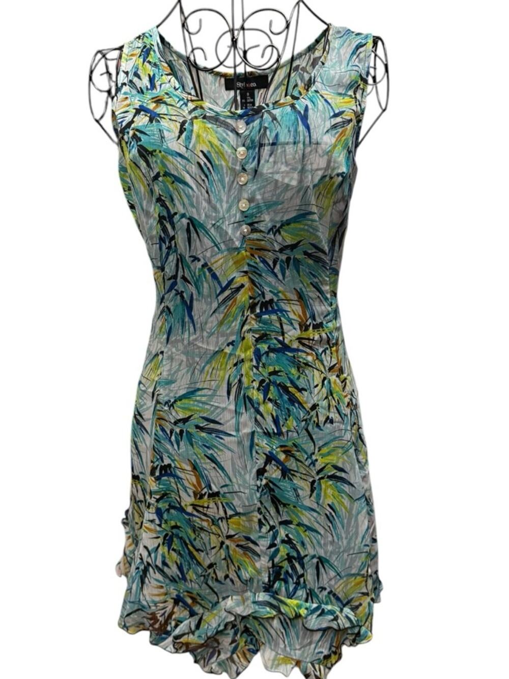 Style & Co. Blue & Green Leaf-Print Sleeveless Sheer Mini Dress size 10